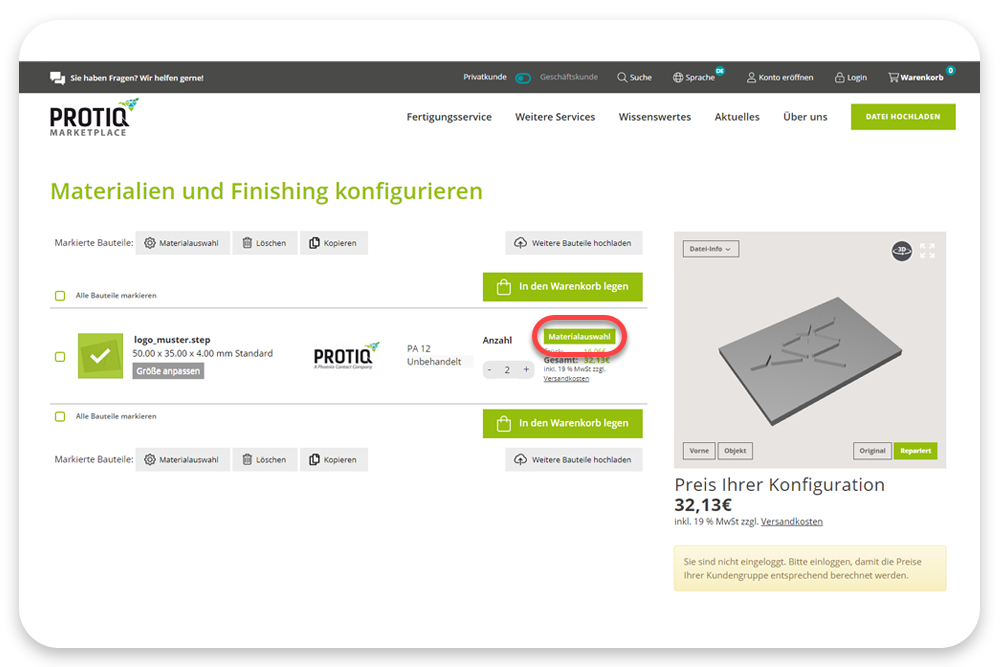 Screenshot von protiq.com: 3D-Daten wurden hochgeladen